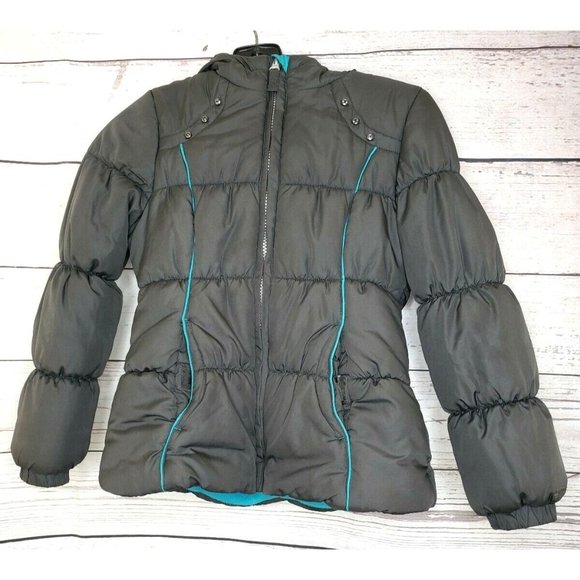 London Fog Girls Gray With Teal Trim Diamond Embroidered Hooded Jacket Small 7/8 - Picture 8 of 12